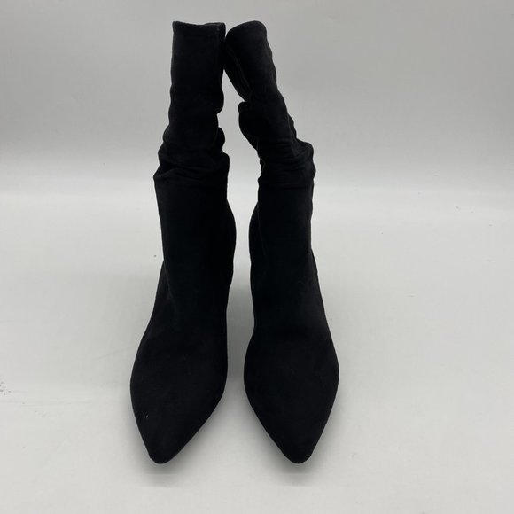 A Black Suede Women Fashion Pull On Slouch Boots Mid Calf Pointed Toe Mid Heel - Picture 2 of 7